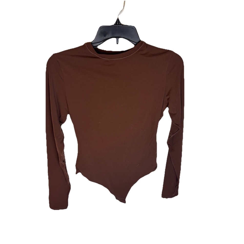 Skims Bodysuit Womens Large Brown Long Sleeve Crew Neck Stretch Snap Closure NWT